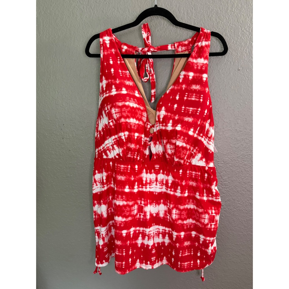 NWT Swim‎ Cacique Red White Tie Dye Swim Dress 40D One Piece Tie Back Vacation